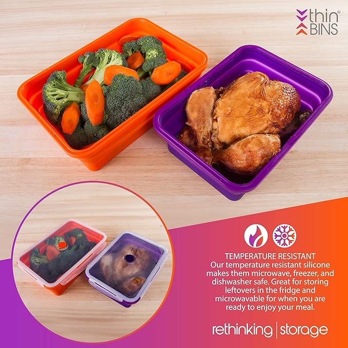 Kitchen Home Thin Bins Collapsible Containers ??Set of 2 Extra Large Rectangle Silicone Food Storage Containers ??BPA Free, Microwave, Dishwasher and Freezer Safe