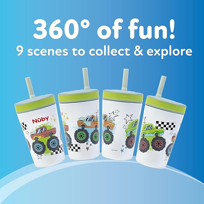 Nuby Thirsty Kids Insulated Toddler Cup with Silicone Flexstraw - 12 oz - Stainless Steel and Leak-Resistant - 18+ Months - Monster Trucks