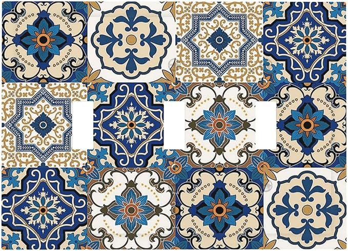 Boho Talavera Decorative Tile Moroccan Mandala Print Decorative Switch Plates 3 Gang Wall Plate Triple Toggle Light Switch Cover Faceplate Electrical Wall Panels for Bathroom Kitchen Decor