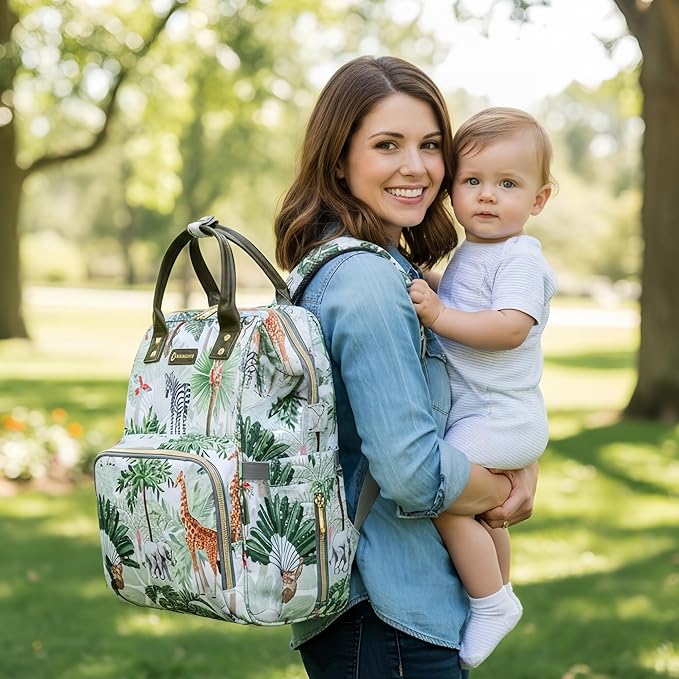 Tropical Rainforest Diaper Bag Backpack,Animal Nappy Backpack with Coin Bag USB Charging Port Stroller Straps and Insulated Pocket For Women/Mom/Travel (Animal Pattern)