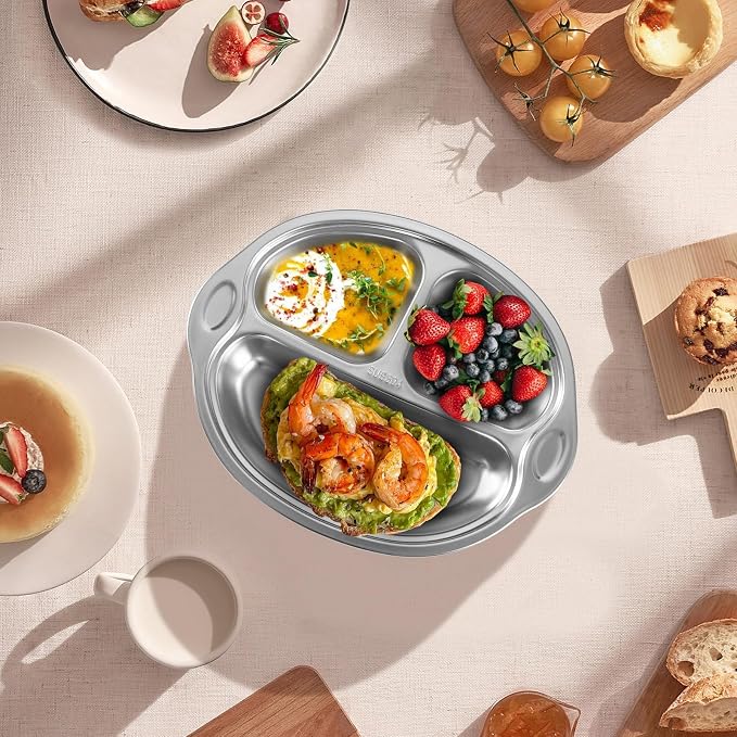 Mrs. Chou Stainless Steel Baby Suction Plates: Divided Plates for Babies and Toddlers, Made of 100% Food-Grade Materials Ideal for Baby-Led Weaning BPA-Free Toddler Feeding Dishwasher Safe PINK