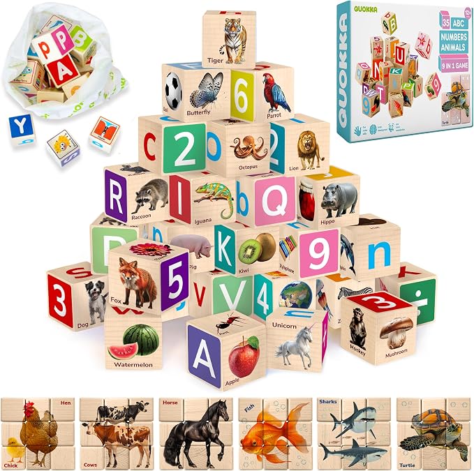 QUOKKA Wooden Toys for Toddlers – 3X Animal Puzzles & 35 Alphabet Blocks – Montessori Toys for Kids Ages 1-5 – Educational Set for Learning Letters, Numbers, Animals & Motor Skills