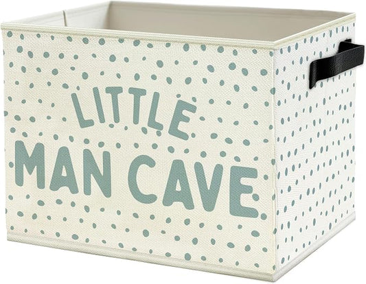 Little Man Cave Boys Storage Bins Box with Handles, Blue Dots Collapsible Basket Organizer for Kids Boys Playroom Nursery Room Bedroom Bathroom Toys Books Clothes