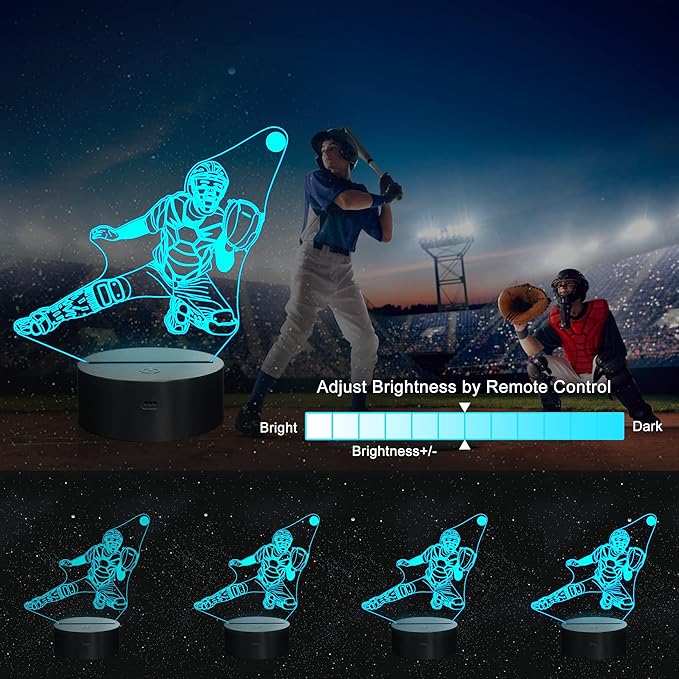 Ammonite Baseball Catcher Night Light, 3D Illusion Baseball Player Lamp for Kids, 16 Colors Changing with Remote, Kids Bedroom Decor as Xmas Holiday Birthday Gifts for Boys Girls