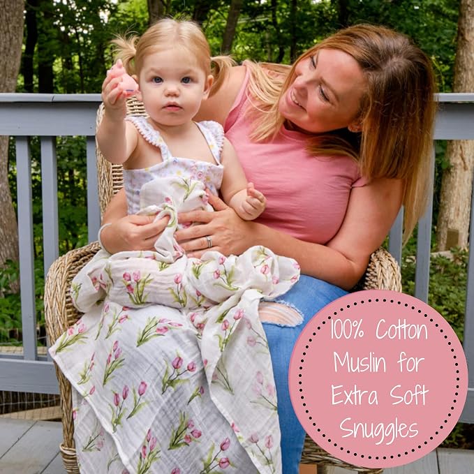 LollyBanks Muslin Swaddle Blankets 2 Pack, 100% Cotton Baby Blanket for Girls, Soft and Breathable 47 x 47 Inches Newborn Swaddle Blanket, Newborn Essentials Must Haves (Hydrangea and Tulip)