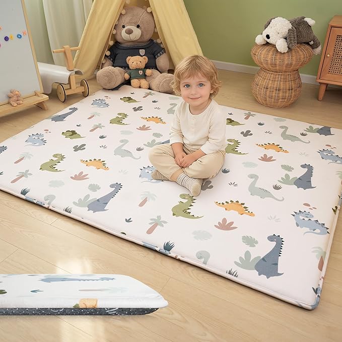 1.5" Thick Premium Baby Floor Play Mat, 71x59 Over-Sized Padded Memory Foam Mat, Tummy Time Crawling Playmat for Nursery Kids Playroom, Dinosaurs