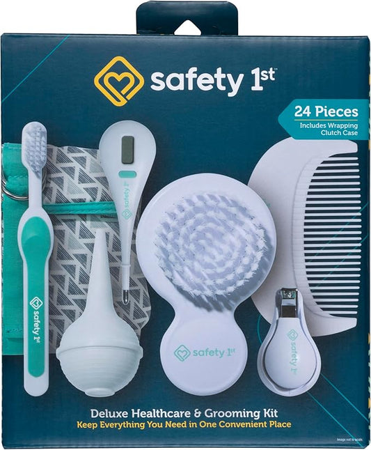 Safety 1st Deluxe Baby Healthcare and Grooming Kit, Pyramids Aqua, Newborn Baby Essentials, One Size, 24 Pieces