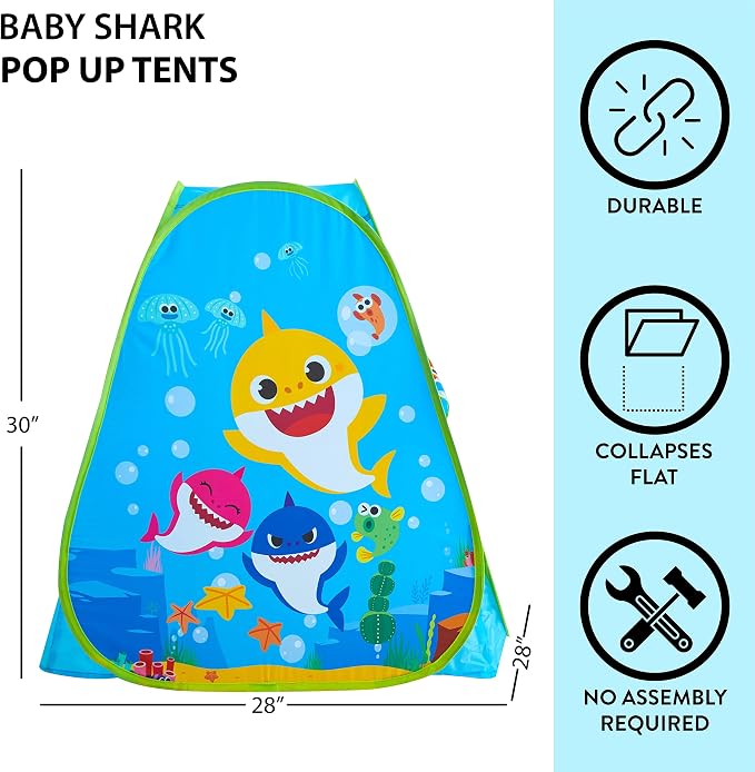 Baby Shark Pop-Up Play Tent for Kids, 28" x 28" x 30" Collapsible Indoor/Outdoor Playhouse, Lightweight & Portable with Easy Setup, Fun Tent for Children
