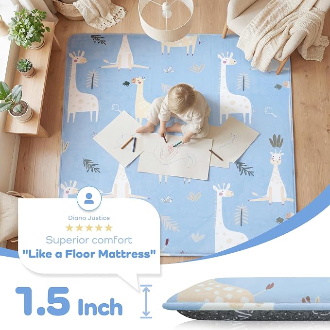 1.5" Thick Premium Baby Floor Play Mat, 71x79 Over-Sized Padded Memory Foam Mat, Tummy Time Crawling Playmat for Nursery Kids Playroom, Giraffe