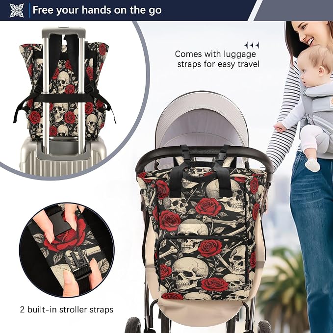 Skull Bones Roses Diaper Bag Insul Pockets Large Cap Mom Dad