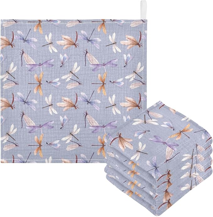 Baby Washcloths Cotton Dragonfly Baby Muslin Washcloths Soft Baby Face Towel for Newborn Infants Baby Wipes, 11.8 X 11.8 Inch, 5 Pack Lilac
