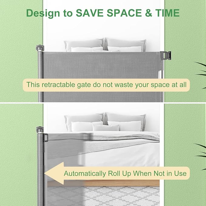 Retractable Baby Gate, Extra Wide Safety Kids or Pets Gate, 33” Tall, Extends to 55” Wide, Mesh Safety Dog Gate for Stairs, Indoor, Outdoor, Doorways, Hallways(33”x55”- Grey)