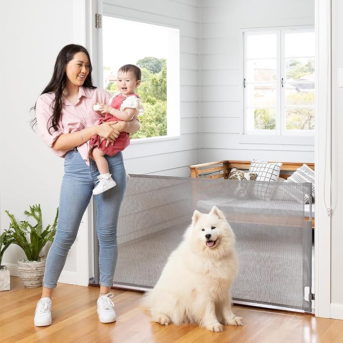 Retractable Baby Gate Perma Child Safety 33" Tall x 71??Wide, Mesh, for Stairs, Doorways, Dogs, Pets, Indoor, Outdoor, One-Handed Operation, Locking, Easy Install, Hardware Mount, Gray