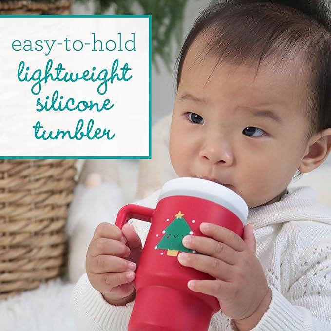 Infantino My 1st Tumbler, 9 Oz. Silicone Sippy Cup with Straw & Handle, Spill-Resistant Baby Cup for On-the-Go, BPA-Free Transition Bottle, Red Christmas Tree