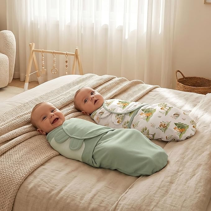 Baby Swaddles for Newborn Organic Cotton, Soft & Snug Velcro Swaddle 0-3 Months Sleep Sack Helps Calm Startle Reflex, 2-Pack Wrap Nursery Swaddling Green Jungle Animals