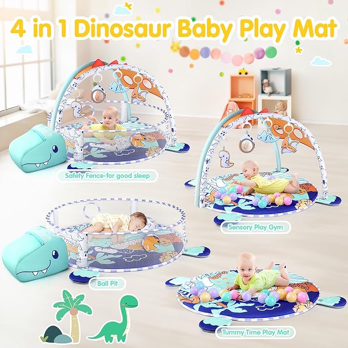 WeeHomm 5-in-1 Baby Play Mat - Dinosaur Themed Activity Gym for Babies 0-6 Months with Ball Pit, Detachable Sensory Toys, Pillow, Machine Washable