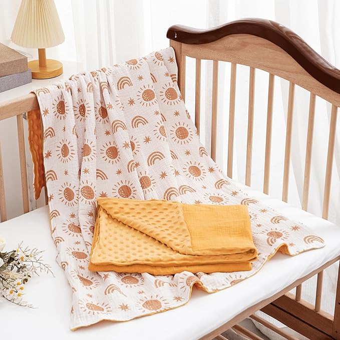 2 Pack Minky Baby Blankets,Super Soft Receiving Blankets with Muslin Cotton Front & Dotted Fleece Backing,39x29.5 Inches,Printed Bed Throws Newborn(Sun)