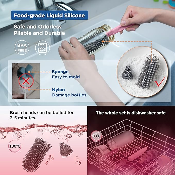 YOTIME Travel Bottle Brush Set, 6in1 Bottle Cleaning Kit with Silicone Bottle Brush, Nipple Cleaner Brush, Straw Brush, Soap Dispenser, Bottle Drying Rack and Storage Box, Pink