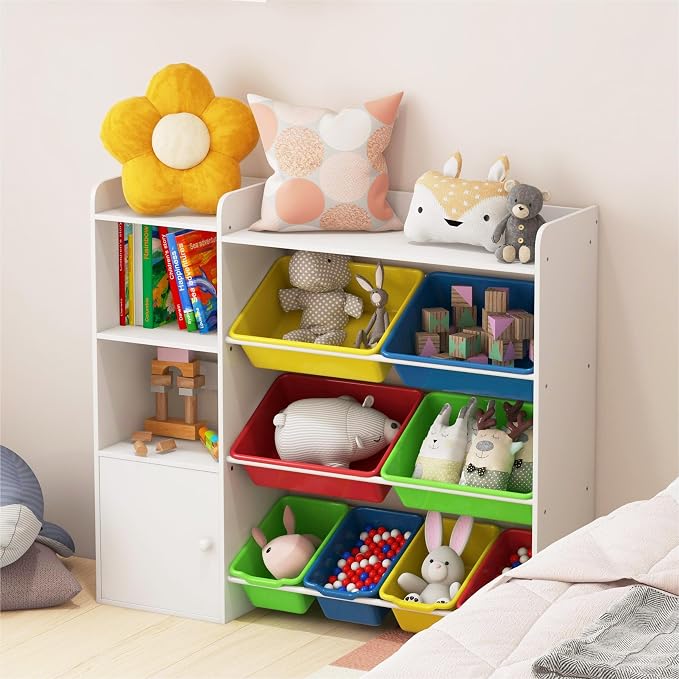 Xilingol Kids Toy Storage Organizer, 4-Tier Toy Organizers W/8 Removable Storage Bins, Kid Bookshelf and Toy Storage for Study Room, Bedroom, Kids Room, Classroom, Nursery