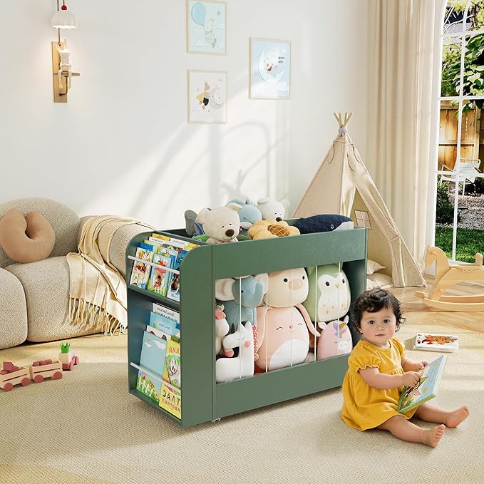 Wooden Kids Bookshelf, Toy Storage Organizer with Drawing Chalkboard and Stuffed Animal Organizer, Kids Toy Box with 4 Wheels for Kids Room, Playroom, Nursery, Classroom, Green
