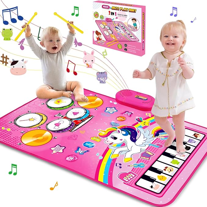 Toys for 1 Year Old Girl Gifts: Baby Music Mat Toddler Toys Age 1-2 - 3 in 1 Piano Drum Animal Touch Unicorn Toy - Infant Musical Toy 12-18 Months Babies Birthday Easter Gifts for 1 2 3 Year Old Girls