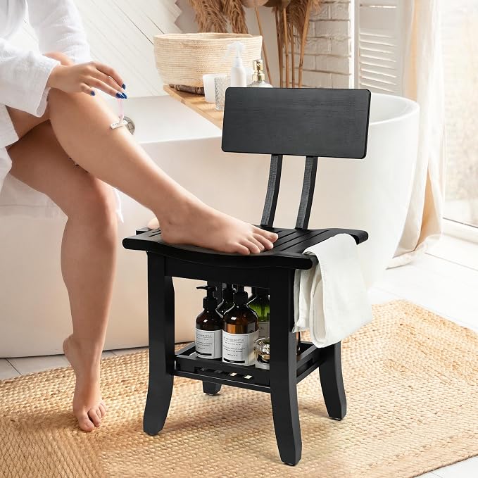 Two-Tier Bamboo Shower Chair for Inside Shower, Waterproof Baby Bath Seat with Storage Shelf, Soap Dish and Shower Head Holder, Shower Stool for Seniors Adults Disabled Pregnant(Black)
