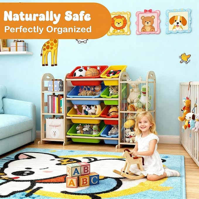 Toy Storage Organizer, Toy Organizers and Storage with Stuffed Animal Storage, Kids Toy Storage Shelf with 3 Shelves 8 Storage Bins, Kids Bookshelf, Toy Holder for Playrooms, Bedrooms, Multi Color