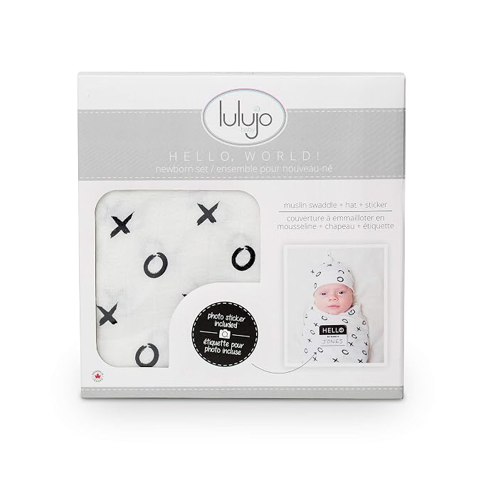 Lulujo Baby Hello World Newborn Hat and Swaddle Blanket Set, Hugs & Kisses