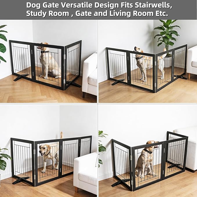 Dog Fence Indoor - 3-Panel Freestanding Dog Gate for Doorways, Hallways, House or Stairs -60x32-Inch Retractable Foldable Expandable Wood Pet by SFJC (Black)