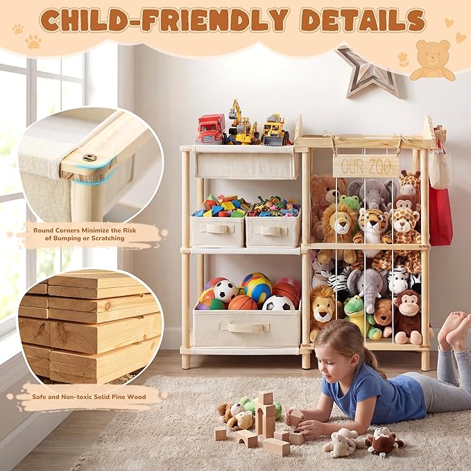 Kids Toy Organizers and Storage with 4 Toy Bins - Stuffed Animal Zoo Holder with 2 Hooks - Large Capacity Playroom Organization - Plush Storage for Toddler & Living Room