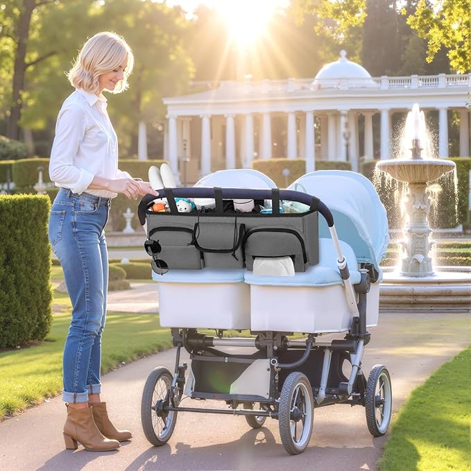 GDNasist Double Stroller Organizer Compatible with Bob Duallie and Baby Jogger City Mini GT2, Double Baby Stroller Accessories with Cooler Bag, Parent Console Double Jogging Stroller Caddy, Grey