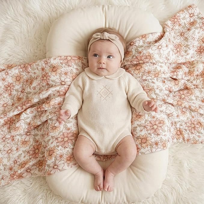 Konssy Muslin Swaddle Blankets for Boys Girls, 2 Pack Receiving Baby Blanket Large 47 x 47 inches, Soft Breathable Swaddling Wrap for Unisex Newborn (Vintage Petals,Taupe)