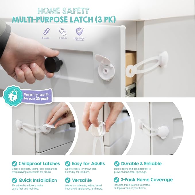 Regalo 3 Pack Child Safety Cabinet Locks, No Drill Adhesive Baby Proofing Latches for Drawers, Fridge and Cabinets, Multi-Purpose 3M Straps, White