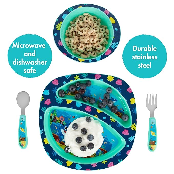 First Years Baby Shark Toddler Dinnerware Set - Includes Plate, Bowl, Fork and Spoon - 4 Count, Blue