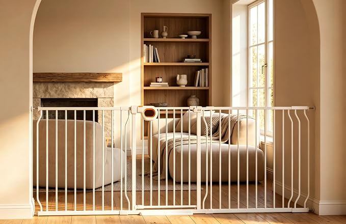 Baby Gates Extra Wide for Doorways 76.4-85.5 Inch Extra Wide Pressure Mounted Baby Dog Gate for the House Indoor Large Openning Metal Safety Gate No Drilling with Walk-Through Door,White