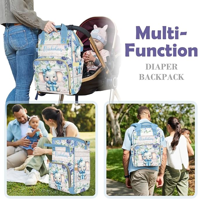 Cute Elephant Large Personalized Diaper Bag Backpack for Baby Boy with Name, Thermal Pockets, Waterproof Custom Baby Bags for Boys, Multi-functional Customized Nappy Bag Mom Travel Daypack