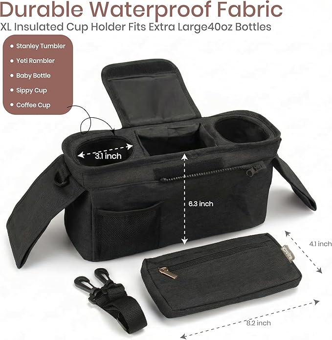Black Universal Stroller Organizer with 2 Insulated Cup Holders, 3-in-1 Stroller Caddy with Detachable Phone Bag & Non-Slip Shoulder Strap, Fits Uppababy, Nuna, Doona, Baby Essentials