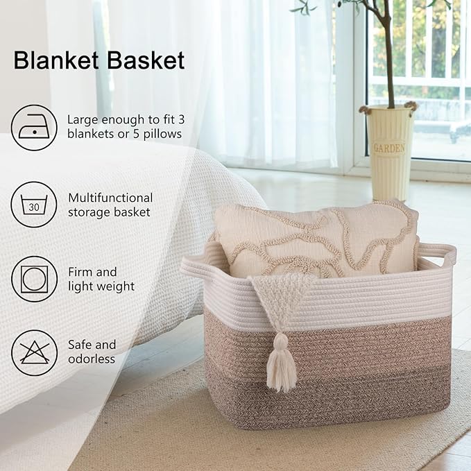 OIAHOMY Cotton Rope Basket, Rectangle Woven Baskets for Storage, Nursery Blanket Storage Living Room, Toy Basket With Handle-17.7?�x13.8?�x11??Gradient Yellow