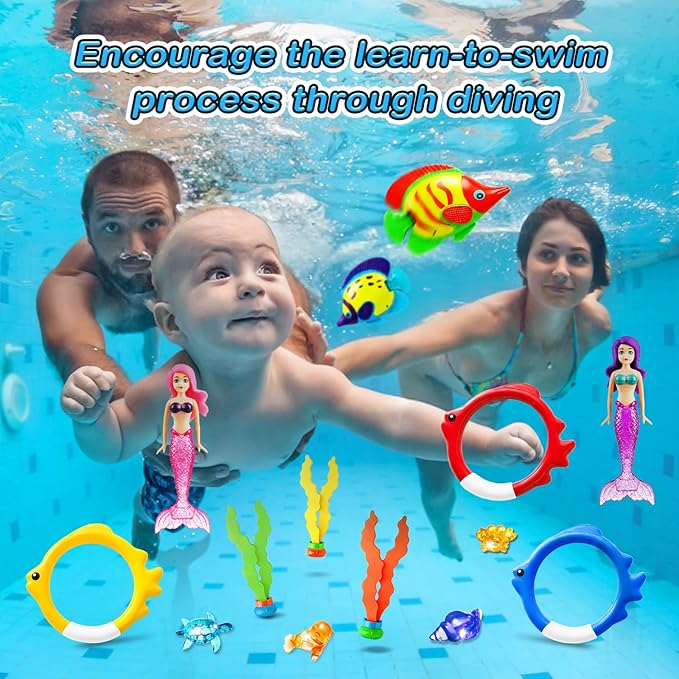 Jasonwell Pool Diving Toys Games - 20PCS Swimming Mermaid Pool Toys with Dive Rings Gems Beach Ball Underwater Treasures Seaweeds Fish Swim Toy etc Bath Water Toy Training Gifts for Kids Adult