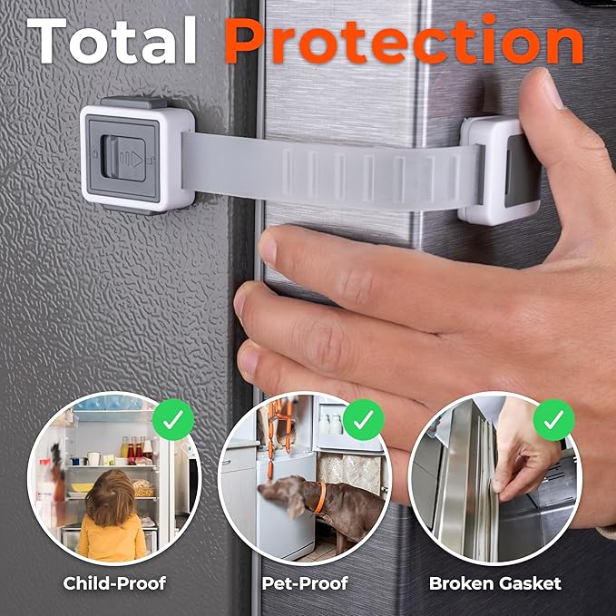 2-Pack Child Proof Fridge Lock with Adhesive - Adjustable Baby Proofing Straps - Refrigerator Lock for Kids - Freezer Latch to Keep Door Closed - for Toddlers, Cats, & Dogs - Universal Compatibility