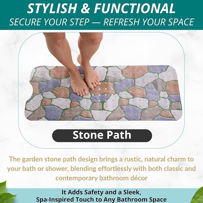 ENKOSI Bath Mat – Large 40 x 16 Inch Non-Slip Bathtub Mat with Secure Suction Cups & Drain Holes – Extra Long Bathroom Shower Mat for Tub with Stone Path Design (40x16 Stone Path)