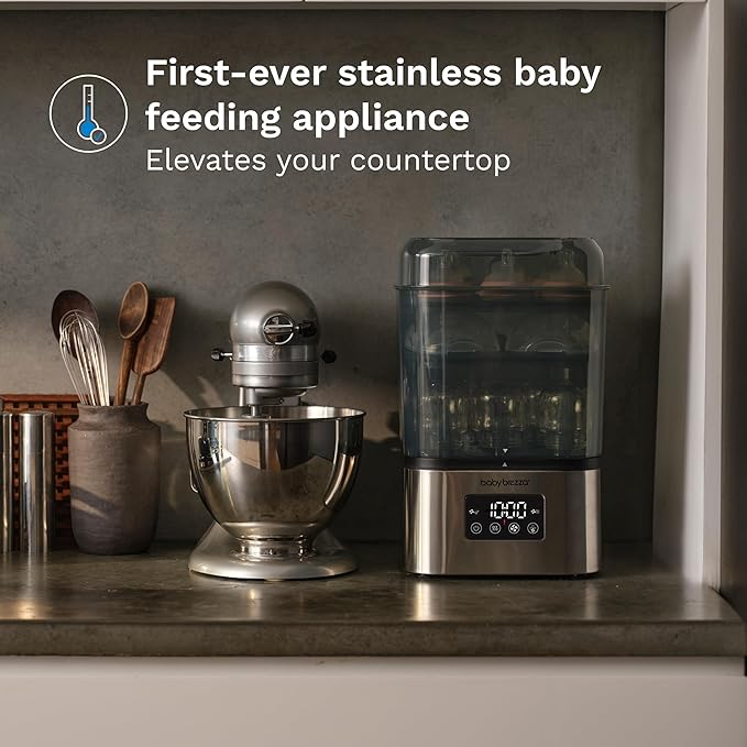 Baby Brezza 10 Minute SuperQuick Bottle Sterilizer + Dryer - Large 8 Bottle Capacity - Steam Sanitization – Universal Fit for All Bottles: Plastic + Glass + Pacifiers + Breast Pump Parts, Stainless