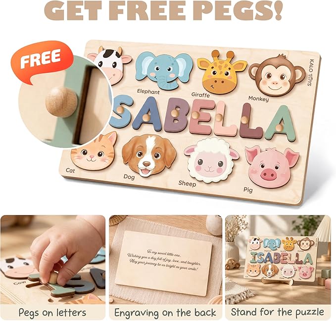 Personalized Name Puzzle for Toddlers 1-3 | Custom Wooden Baby Girl Gift with 48 Animal Art Sets | 1st Birthday Gift for Girls | Personalized Baby Boy & Girl Gifts Keepsake