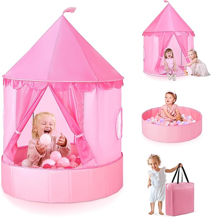 Hikiddy 3-in-1 Ball Pit & Play Tent for Toddlers: Large 40" Pink Kids Ball Pit and Princess Tent - Princess Castle Playhouse Tent for Girls Kids Babies - Foldable Portable Toys for Indoor & Outdoor