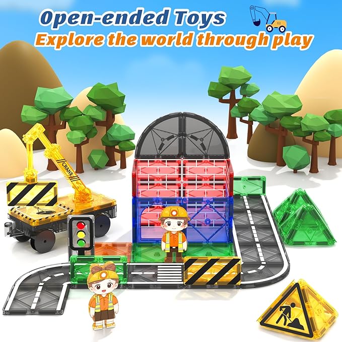 Coodoo Kids Games Magnetic Tiles Road Set with Extendable Magnetic Crane, City Construction Building Toys for Toddlers STEM Preschool Ages 4-6 5-7, Gifts for 3+ Year Old Boys Girls Kids Toys with Car