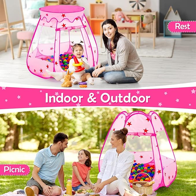 Baby Ball Pit for Toddler with 50 Balls, Kids Pop Up Play Tent for Girls, Princess Toys for Children Indoor & Outdoor Playhouse with Carry Bag (Ball Pit with 50 Balls)