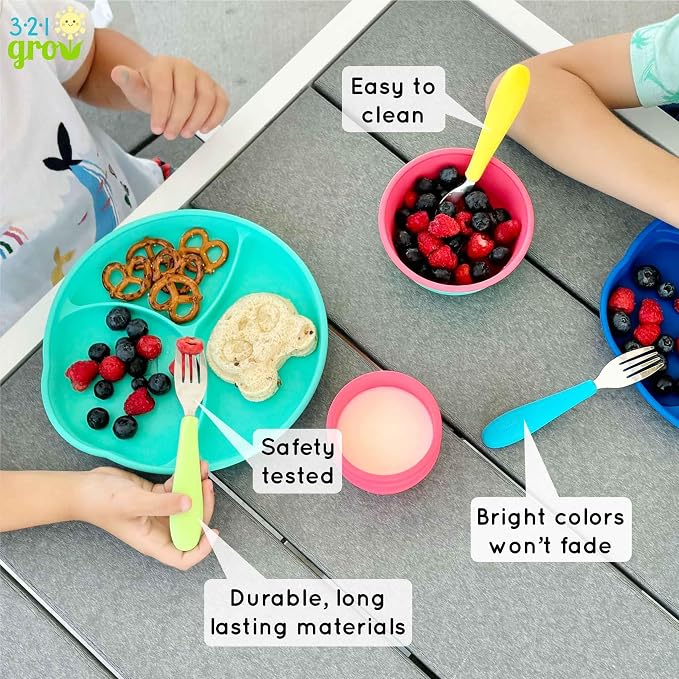 Eat with Me Spoon and Fork Set – Toddler Utensils with Easy-Grip Silicone Handles – Kid-Sized & Safe Stainless Silverware – Promotes Independent Eating – Dishwasher Safe (Midnight)