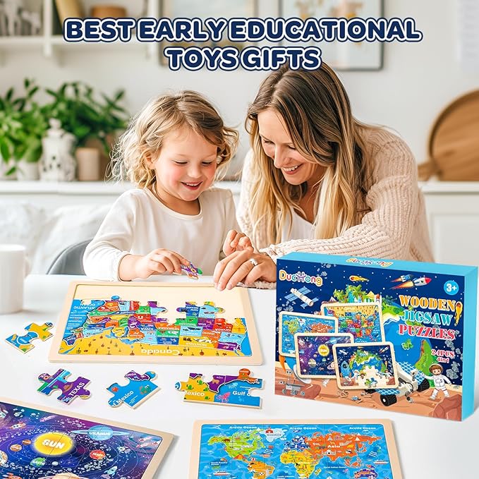Puzzles for Kids Ages 4-6, 4 Packs 24 Pcs Wooden Jigsaw Puzzles for Toddlers Ages 2-4, Preschool Educational Map Puzzle Toys Gifts for 3 4 5 6 Boys Girls