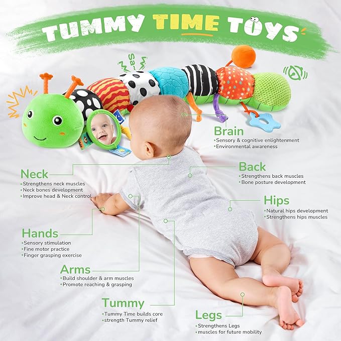 AWOTOY Baby Toys 6-12 Months Music Caterpillar,Stuffed Animals Infant Toys 0-3-6 Months,Teething Sensory Toys Tummy Time with Mirror Crinkle Rattle&Pull String for Boys Girls Gifts Birthday|Green