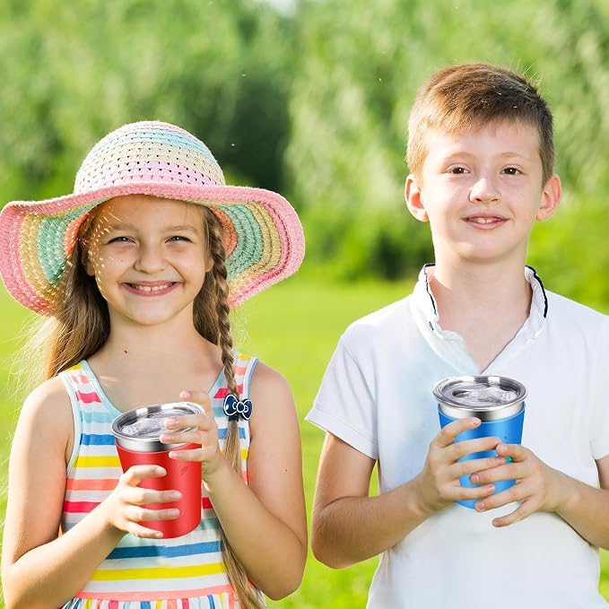 ShineMe Stainless Steel Cups for Kids, 2 pack Kids Cups with Lids and Cute Space Character Sleeves, 12oz No Spill Cups for Toddlers Reusable & Unbreakable